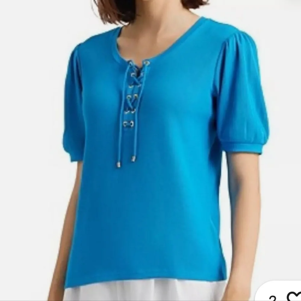Lauren Ralph Lauren Women Lace-Up Stretch Royal Blue‎ SzXL Tops Short Sleeve